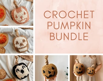 Crochet Pattern Bundle, Crochet Pumpkin Pattern, Halloween Jack-o'-Lantern Skull, Fall Amigurumi Cat, Spooky Pillow Ghost Plushie