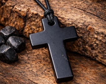 Natürliche Schungit Kreuz Anhänger Halskette, spiritueller Talisman aus schwarzem Stein