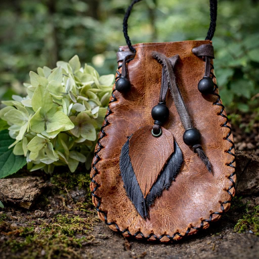 Recycled Leather Medicine Bag Necklace, Shamanic Pouch With