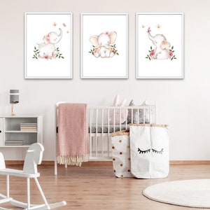 Nursery Wall Art. Set Of Three Prints Featuring Baby Elephants And Butterflies. Nursery Decor. Digital Download.
