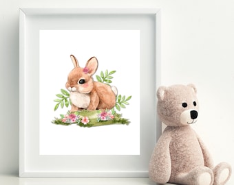 Bunny Rabbit Nursery Art: Watercolor Floral Print (Digital Download)