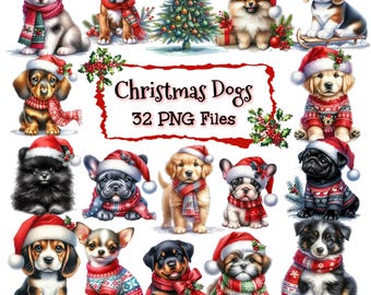 Christmas Watercolor Dog Clip Art Bundle | Festive Puppy Illustrations | Holiday Pet Art.