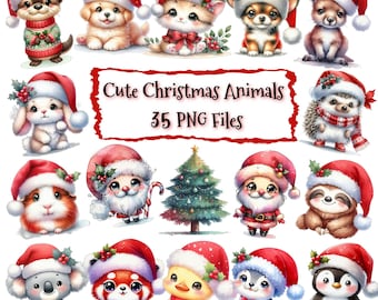 Watercolor Christmas Animals Clip Art Bundle | Holiday PNG Set | Xmas Animal Art.