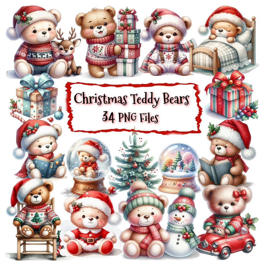 Cute Watercolor Christmas Teddy Bear Clipart Bundle | Holiday Bear Pngs ...