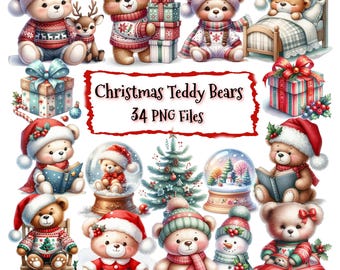 Cute Watercolor Christmas Teddy Bear Clipart Bundle | Holiday Bear PNGs |  Festive Teddy Art for Cards & Crafts.