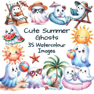 Halloween Watercolour Clip Art Bundle. Spooky Cute Ghosts. Summerween Clip Art. Beach Halloween Graphics.