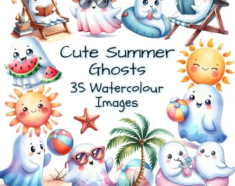 Halloween Watercolour Clip Art Bundle. Spooky Cute Ghosts. Summerween Clip Art. Beach Halloween Graphics.