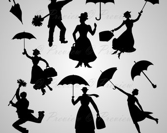 Buy 2 Get 1 Free! Digital Clipart Silhouettes "Mary Poppins" lovely characters umbrella, rain, black images png/eps/svg/dxf/pdf/studio files