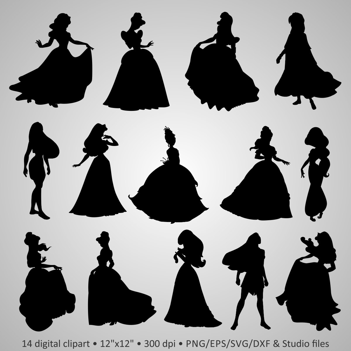 Download Buy 2 Get 1 Free Digital Clipart Silhouettes Princess Lovely Cartoon Characters Party Black Images Png