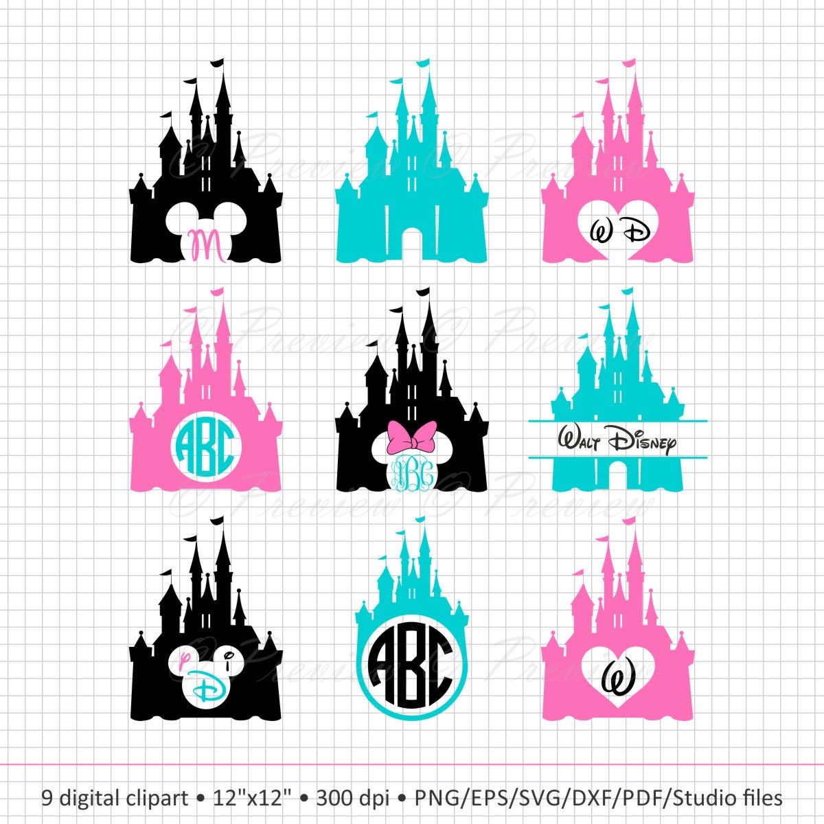 Download Buy 2 Get 1 Free Digital Clipart Disney Castle Monogram | Etsy