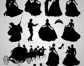 Buy 2 Get 1 Free! Digital Clipart Silhouettes "Cinderella" crown, lovely Disney characters princess, images png/eps/svg/dxf/pdf/studio files