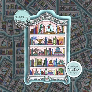 May include: A sticker featuring a detailed illustration of a bookshelf filled with colorful books, a genie lamp, and a rose in a glass dome. The sticker has a light blue border and the words "Handmade Stickers" and "Bookish Betrothal".