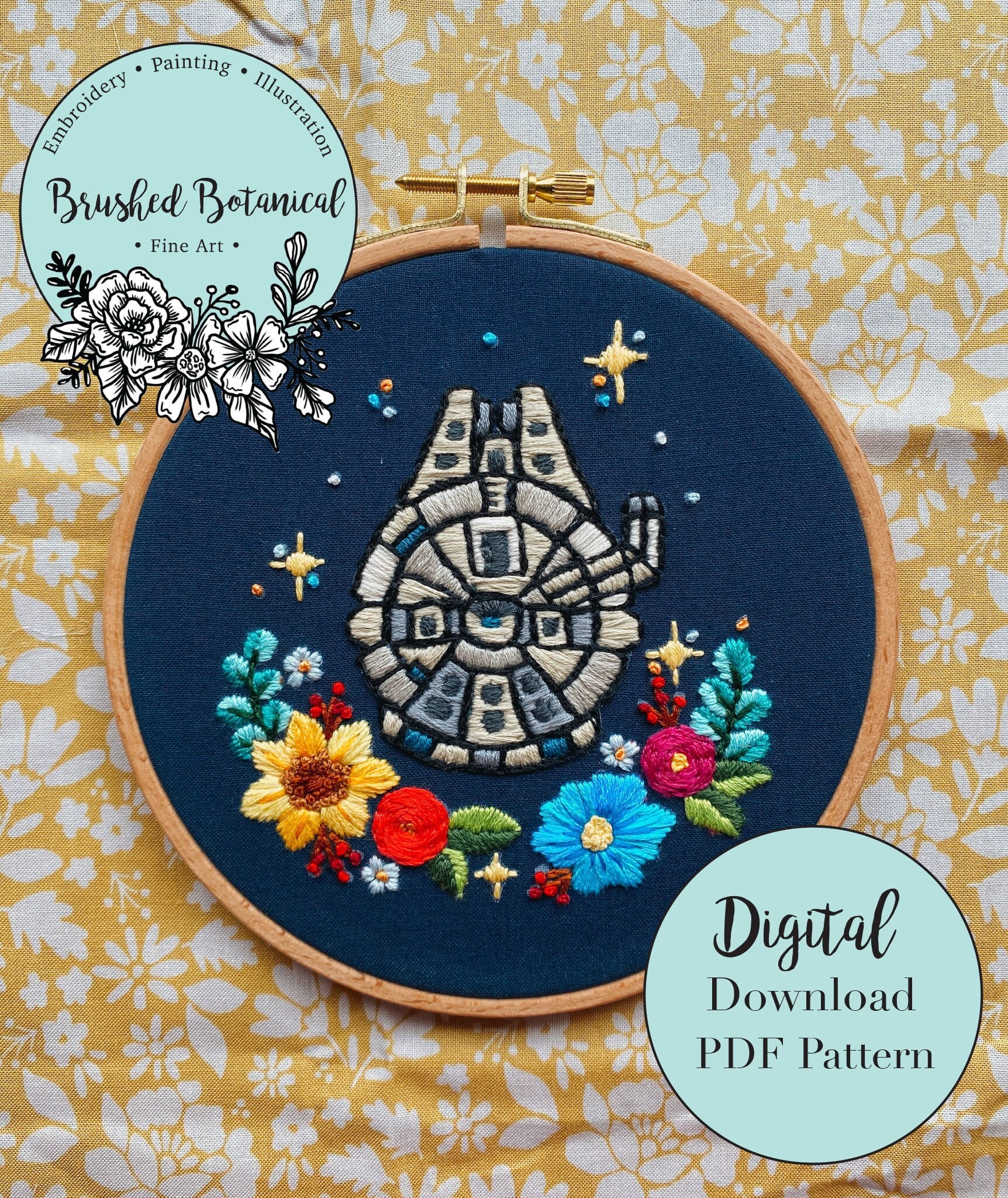 Floral Space Wars Ship Embroidery PDF Pattern