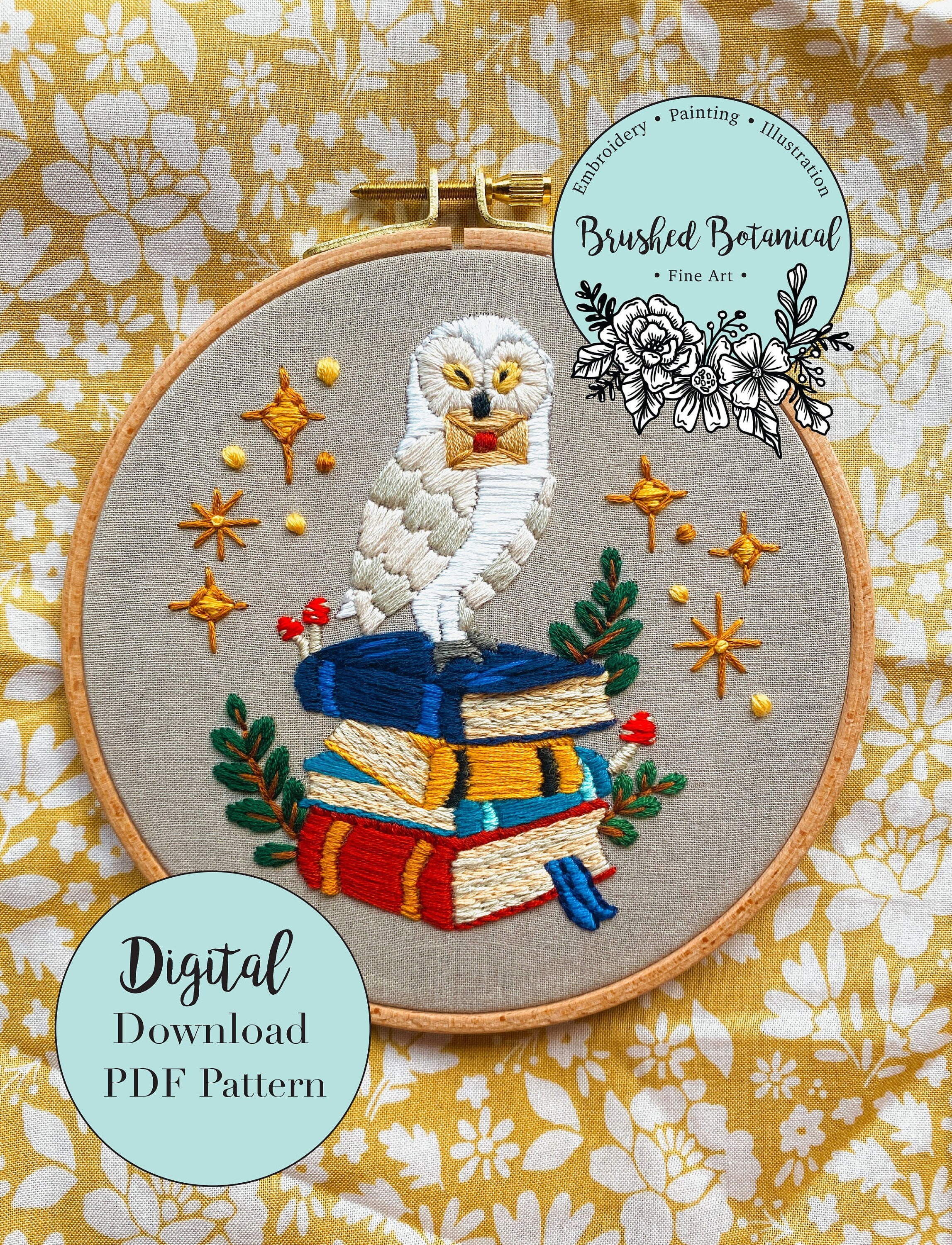 Magical Owl and Spellbooks Embroidery PDF Pattern