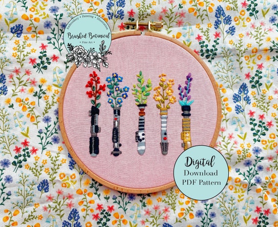 Floral Lightsabers Embroidery PDF Pattern