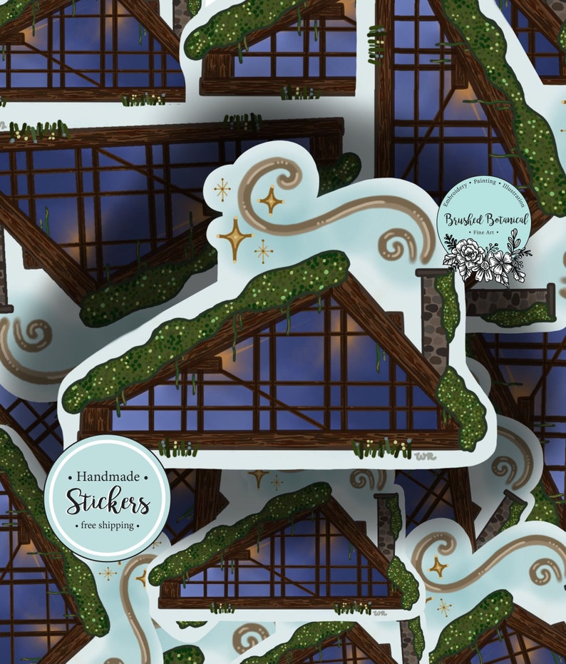 May include: A collection of stickers featuring a whimsical illustration of a greenhouse with a wooden frame, snow, and greenery. The stickers have a light blue background and include the text "Handmade Stickers" and "Brushed Botanical - Fine Art".
