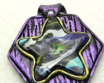 Hexagon with star handmade polymer clay, futuristic homemade weird jewelry, black, purple, P302