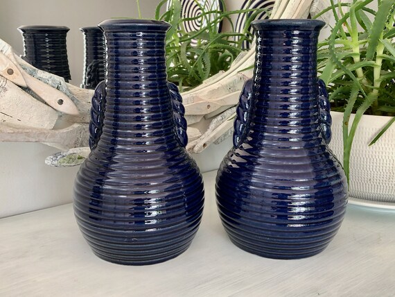 Rare Find Vintage  Beautiful Dark  Cobalt Blue Vase With Gold Handles