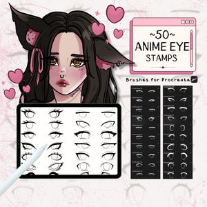 Puede incluir: Una ilustración digital de una chica con orejas de gato y un lazo rosa. La imagen es una vista previa de un conjunto de 50 pinceles de Procreate para dibujar ojos de anime. Los pinceles se muestran en la pantalla de una tableta y están etiquetados como "Anime Eyes 01" a "Anime Eyes 50".