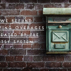 May include: A green metal mailbox with a rusty patina is mounted on a brick wall. The mailbox has a slot for mail and a small window with the word "Zeitung" printed on it. The text "WE REFUND SHIPPING OVERAGES CREATED BY THE ETSY SYSTEM" is printed in white on the brick wall.