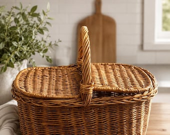 Peut inclure: Un panier de pique-nique ovale en osier tressé avec une finition brun clair naturel. Le panier comprend une poignée centrale robuste et deux couvercles articulés qui s'ouvrent par le centre, révélant une texture finement tressée sur tout le corps.