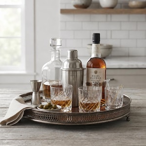 May include: A round silver-toned metal tray with a decorative pierced rim holds a glass decanter, a stainless steel cocktail shaker, a bottle of Basil Hayden bourbon, two crystal-cut whiskey glasses, a jigger, a small bowl of olives, and a napkin.