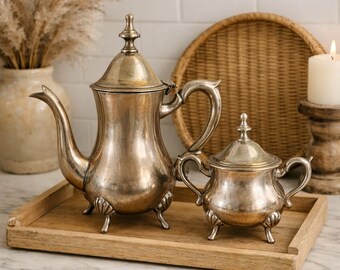 Vintage Silberplatte Kaffeekanne & Zuckerdose Set - Muschel Fuß, Mid-Century Tee-Service