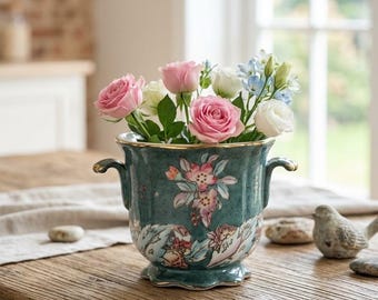 Peut inclure: Un vase en céramique bleu sarcelle avec deux anses latérales et une base festonnée, orné d'un motif floral peint en rose, blanc et vert. Le vase contient un bouquet de roses fraîches roses et blanches et de fleurs bleu clair.