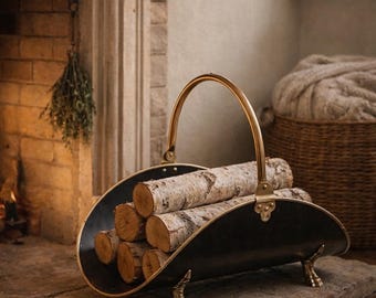 Vintage Black & Brass Fireplace Log Holder