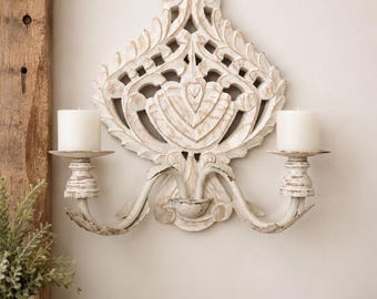 Whitewashed Carved Wood Double Arm Wall Sconce