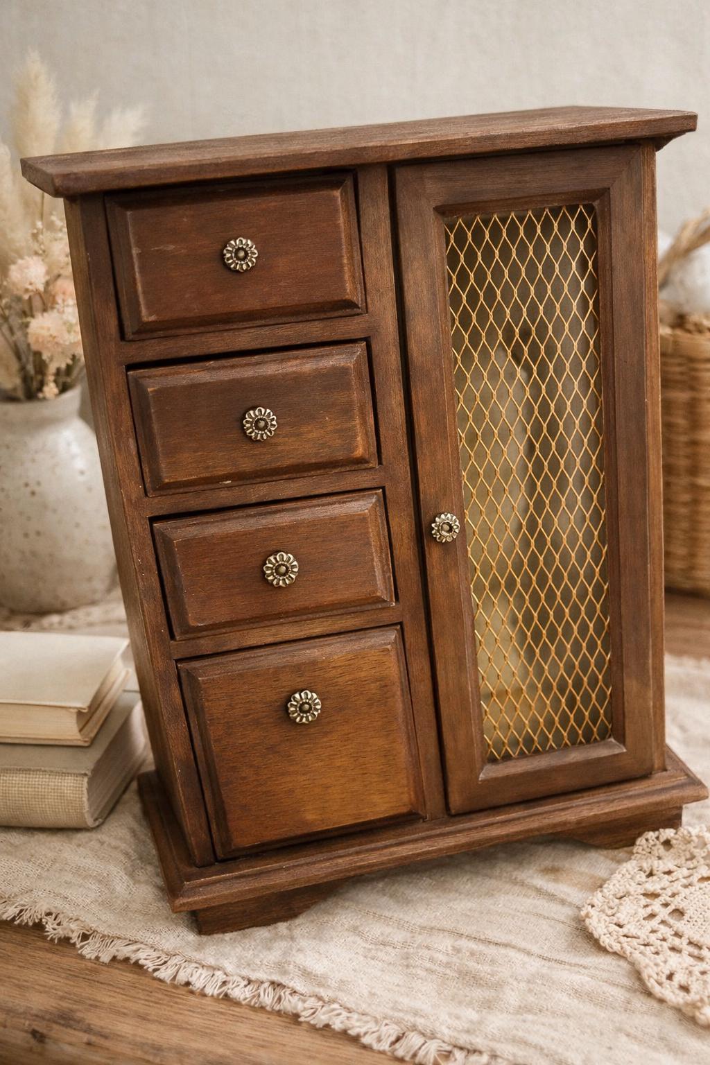 Vintage Wooden Jewelry Armoire Standing Jewelry Organizer with Drawers & Necklace Storage