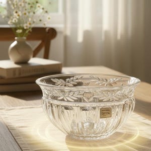 May include: A clear crystal bowl with a floral leaf design around the rim. The bowl sits on a beige placemat on a wooden table. A vase of flowers is in the background.