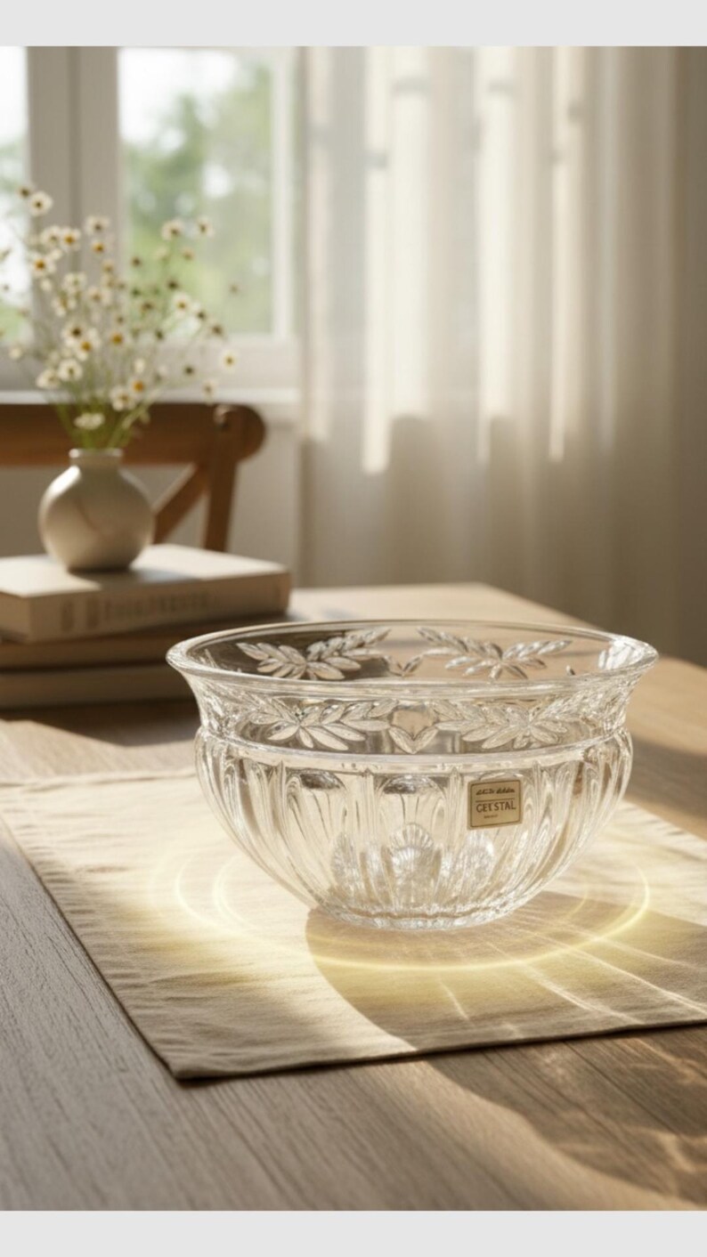 May include: A clear crystal bowl with a floral leaf design around the rim. The bowl sits on a beige placemat on a wooden table. A vase of flowers is in the background.