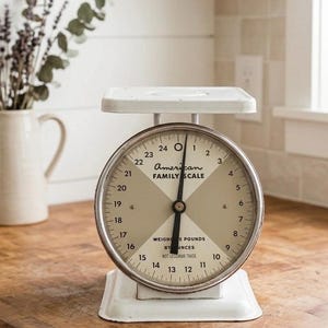 May include: A white metal kitchen scale with a round face featuring the text American FAMILY SCALE. The dial displays numbers from 0 to 24, indicating it weighs pounds by ounces. It has a flat top platform and a black needle pointing to zero.