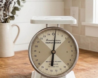 Peut inclure: Une balance de cuisine en métal blanc avec un cadran rond portant l'inscription American FAMILY SCALE. Le cadran affiche des chiffres de 0 à 24, indiquant une pesée en livres et onces. Elle possède un plateau plat et une aiguille noire sur zéro.