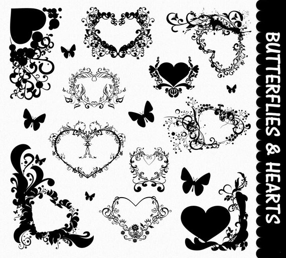 Black Decorative Hearts Butterfly Graphics Valentines Clip Etsy