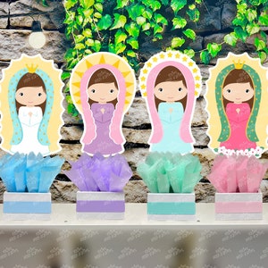 Virgen Mary Baptism | Virgencita Plis | Virgen de Guadalupe Bautizo | Virgin Mary Table Centerpiece Religious 1st Communion SET OF 4