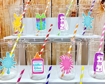 Slime Birthday Bash Theme | Slime Cups and Straws Favors | Slime Theme Decoration | Slime Party Cup Favor | Glitter Slime Glue Theme VARIETY