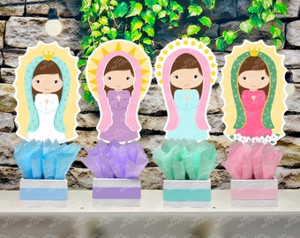 Virgen Mary Baptism | Virgencita Plis | Virgen de Guadalupe Bautizo | Virgin Mary Table Centerpiece Religious 1st Communion SET OF 4