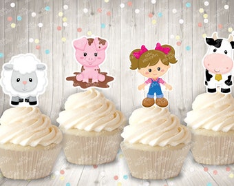 Pink Farm Theme | Pink Barn Birthday Party Cupcake Toppers | Farm Baby Shower | Cake Decoration Toppers on Girl Farm Pig Party SET OF 12