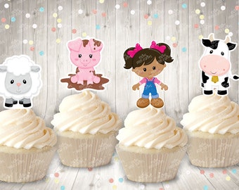 Afro Pink Farm Theme | Pink Barn Birthday Party Cupcake Toppers | Farm Baby Shower | Cake Decoration Topper on Girl Farm Pig Party SET OF 12