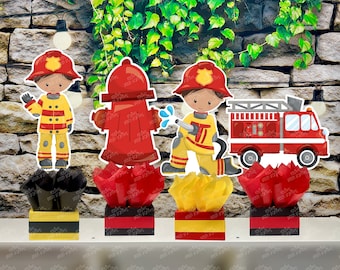 Firefighter Birthday Theme | Fire Truck Party Centerpiece Decoration | Firemen Theme Party | Fire Truck Party Centerpiece | Brown SET OF 4