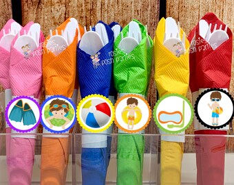 Pool Party Theme | Pool Birthday Party | Summer Party | Pool Party Decoration | Napkin Wrapped Utensil | Pool Party Favors | Pool SET OF 12