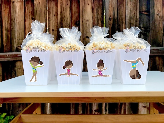 Girl Gymnast birthday party Favor centerpiece Gymnastics Gym Party decoration Gym Gymnastics birthday Gymnast Popcorn favors Boxes SET OF 12 Il_570xn