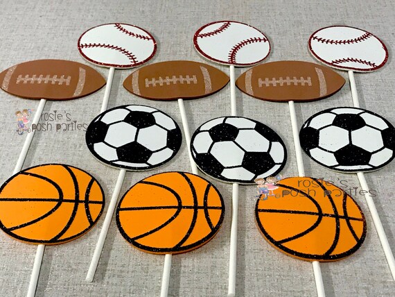 Sports Theme Cupcake Toppers Centerpiece Sport Party Sports Birthday Soccer Football Baseball Basketball decoration Birthday Theme SET OF 12 Il_570xn