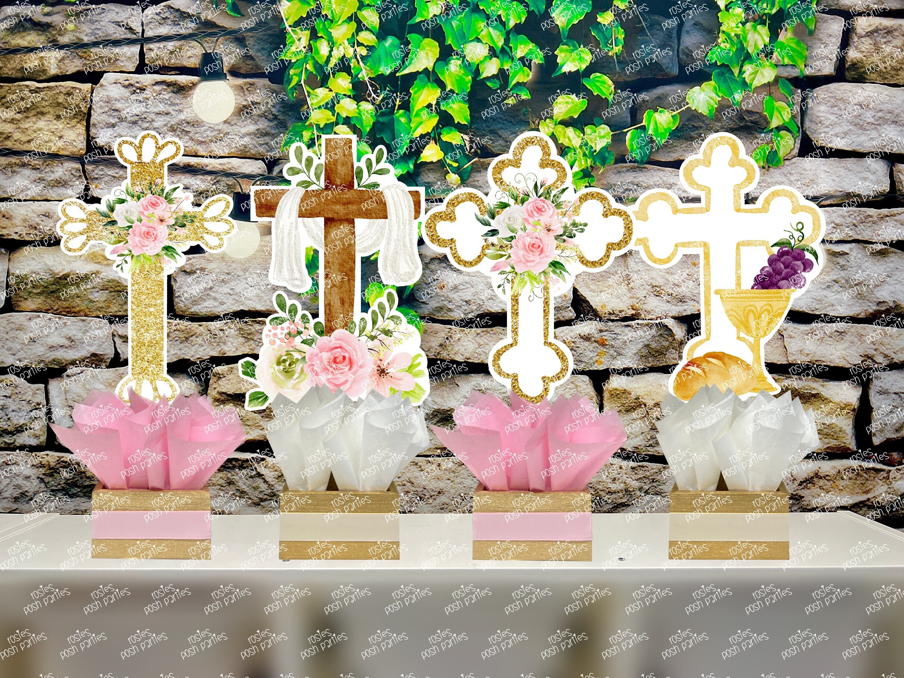 thumbnail interactive-video image 1 of First Communion Centerpieces - 8PC God Bless Honeycomb Table Decor For Baptism Party 1 of 14