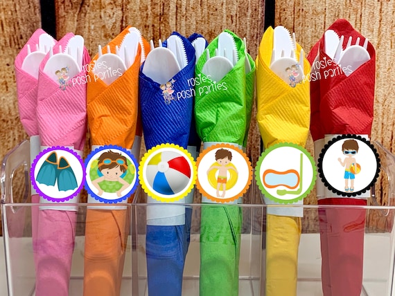 Pool Party Theme | Pool Birthday Party | Summer Party | Pool Party Decoration | Napkin Wrapped Utensil | Pool Party Favors | Pool SET OF 12 Il_570xn