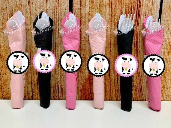 Farm Girl Pink Cow Birthday Decoration | Cow Theme | Pink Cow Farm Party Utensils | Cow Utensil | Cow Theme Party Utensil Favors SET OF 12 Il_570xn