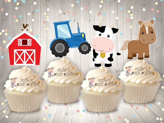 Farm Theme | Cowboy Barn Birthday Party Cupcake Topper | Farm Baby Shower | Cake Tractor Decoration Topper on Farm Theme Pig Party SET OF 12 Il_570xn