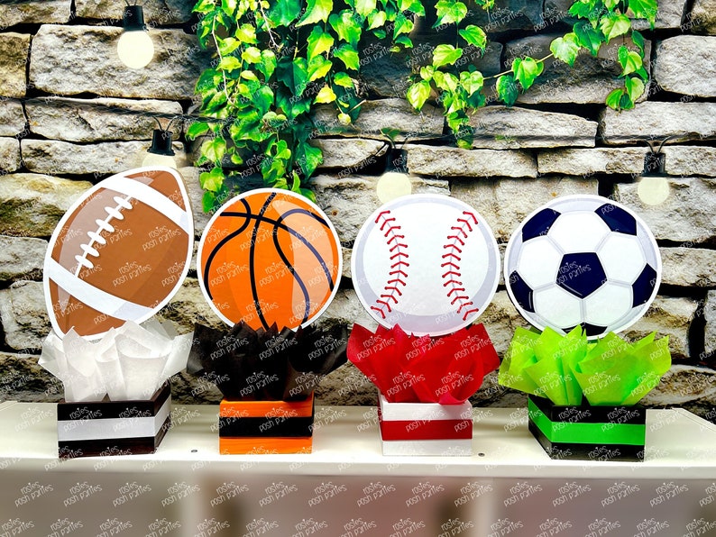Sports Theme Centerpiece Sports Party Sports Birthday Soccer Football Baseball Basketball decoration for Birthday or themed event SET OF 4 image 1